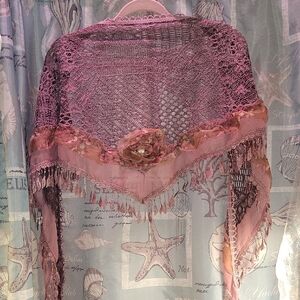 Pink, Green & Purple Lace Wrap with Floral, Peek-a-boo, Rose & Faux Pearl Detail